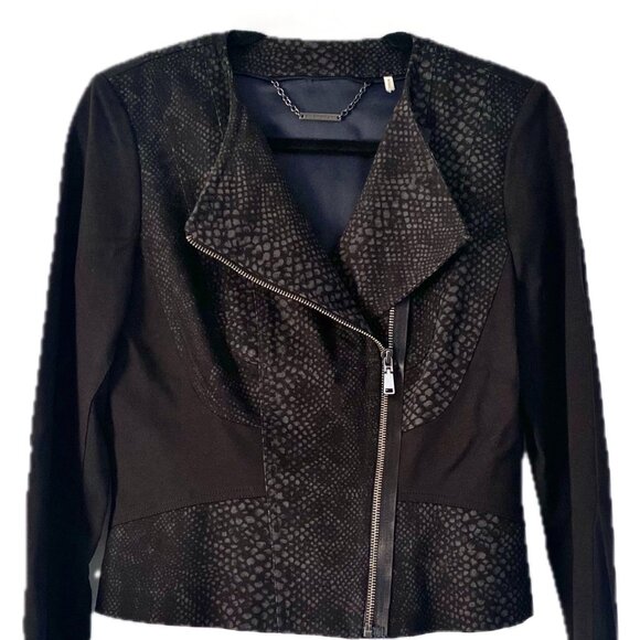 Elie Tahari Python Pattern Vegan Suede Cropped Moto Jacket Women Sz M EUC - Picture 2 of 12